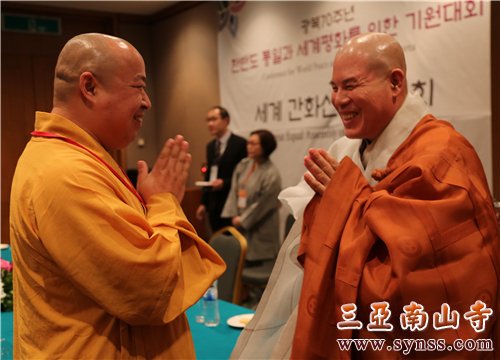 中国佛教协会副会长印顺大和尚与韩国曹溪宗总务院院长慈乘长老亲切合十 摄影:顿俊